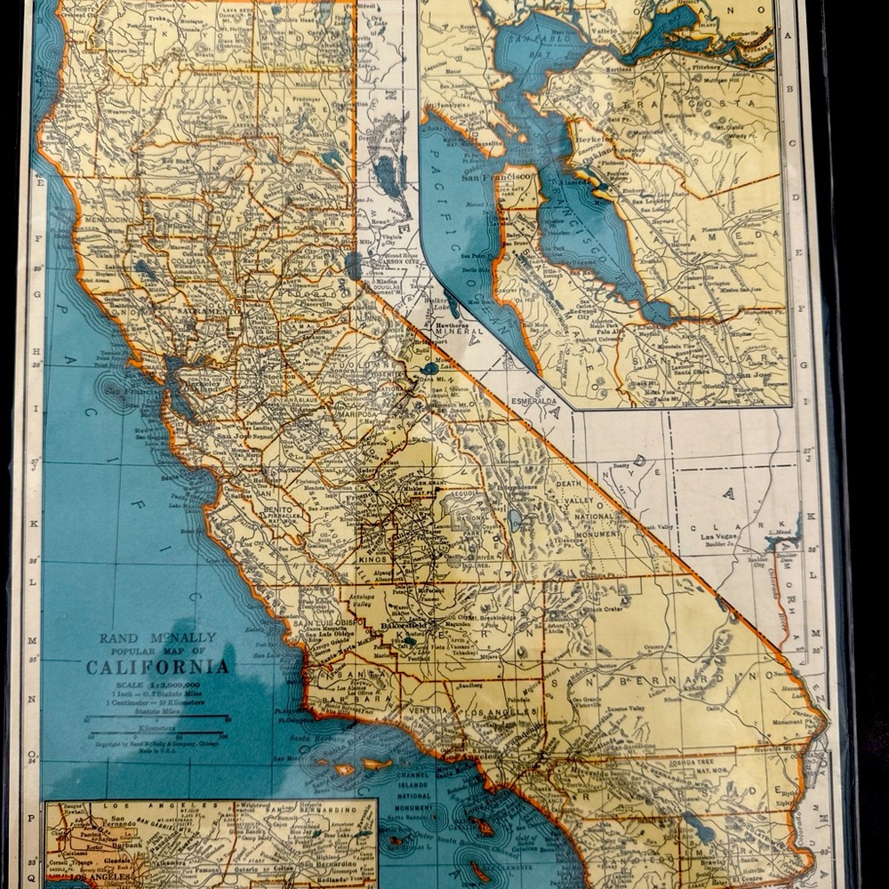 1940 Vintage Rand McNally Detailed California Map Poster